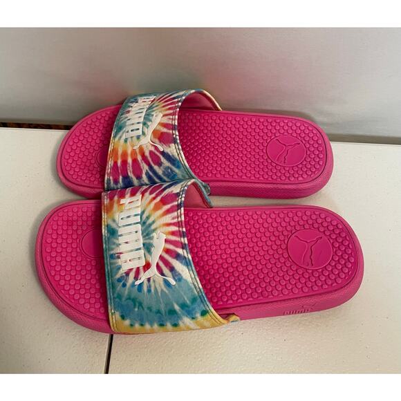 PUMA girls size 2 pink slide tie dye swirl color yellow blue slipper flip flop - Picture 7 of 9